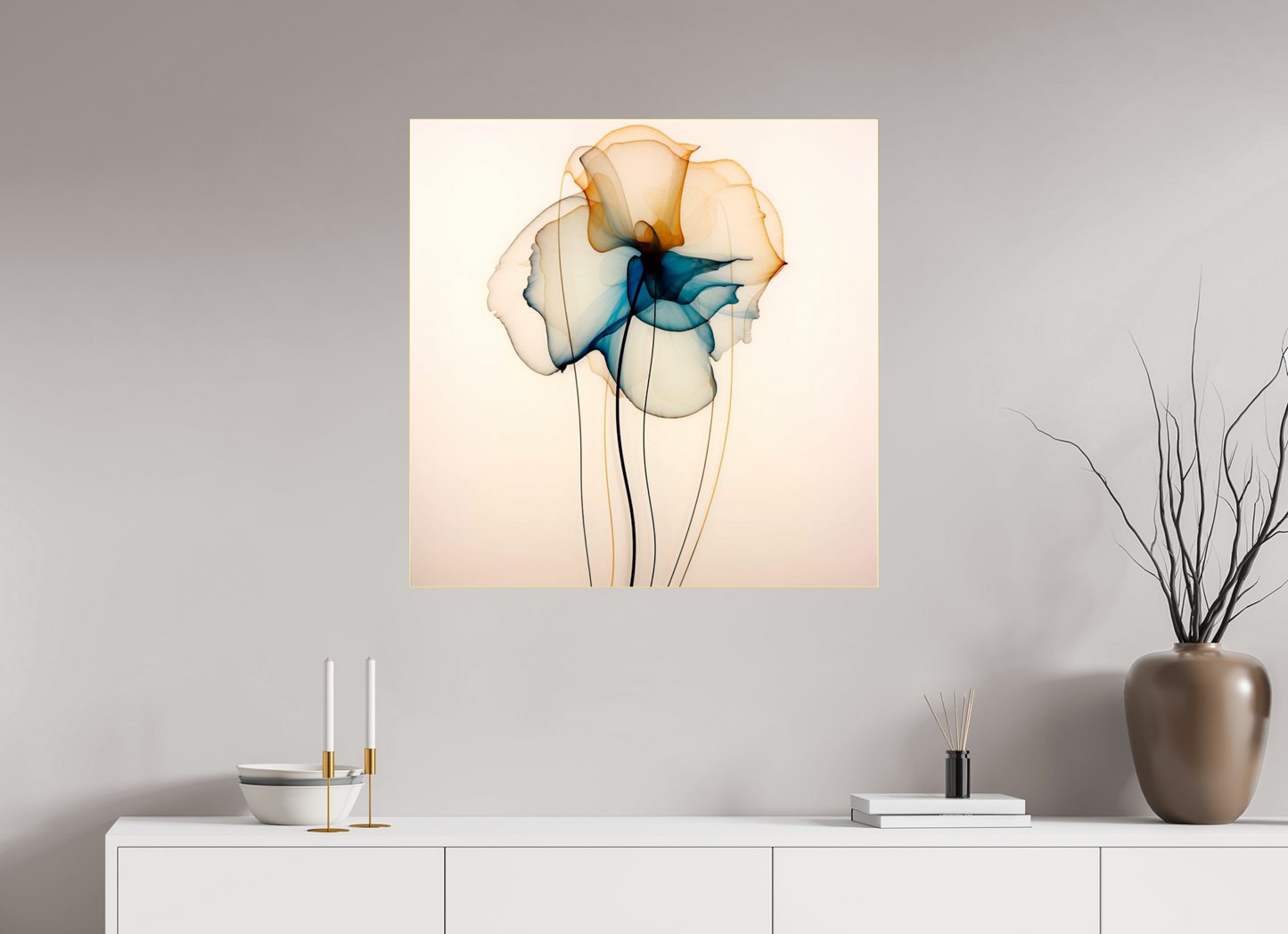 'Mirthful Azure and Ember Dance' behind Plexiglass