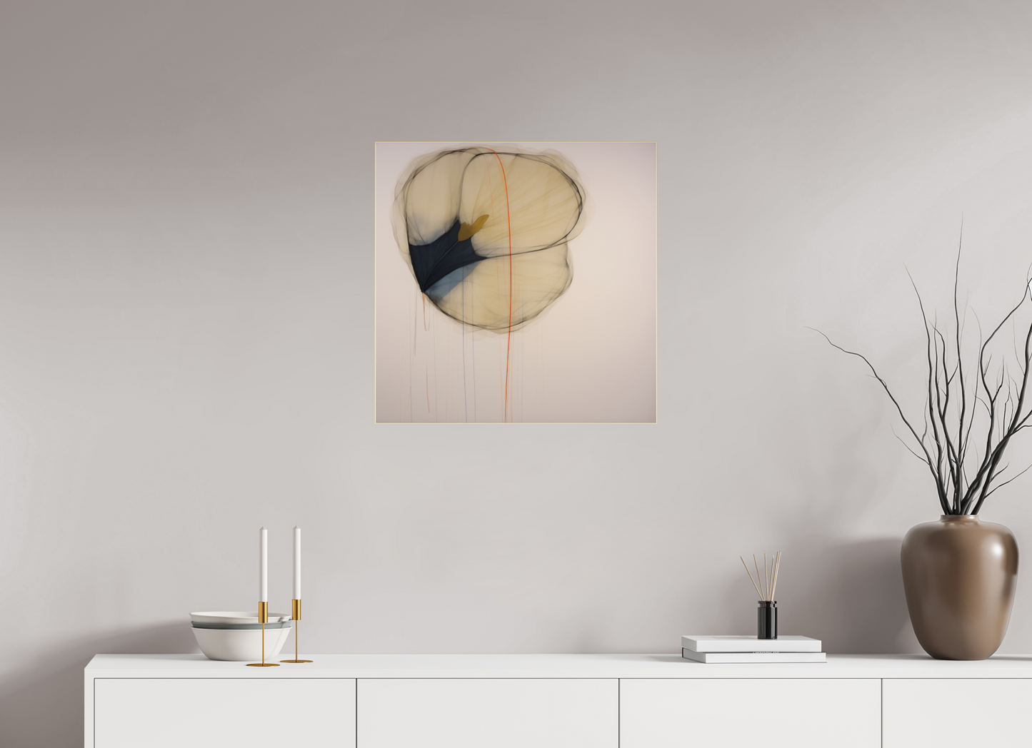 Golden Flower with Red Line behind plexiglass