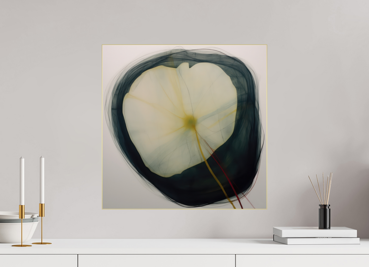 Lilly with Yellow and Red Stem behind plexiglass