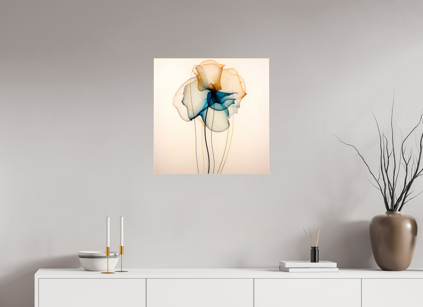 'Mirthful Azure and Ember Dance' behind Plexiglass