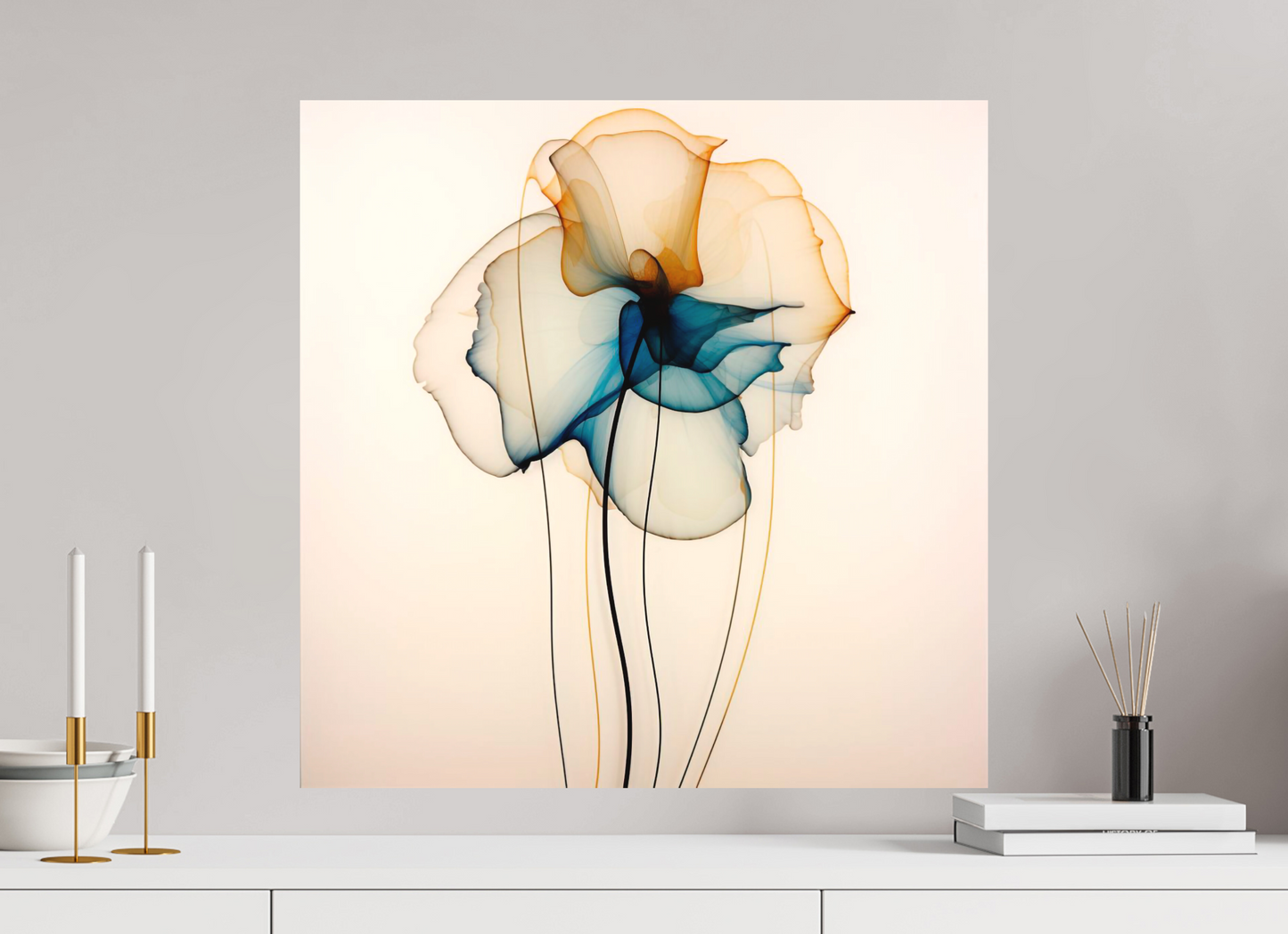 'Mirthful Azure and Ember Dance' printed on Aluminium